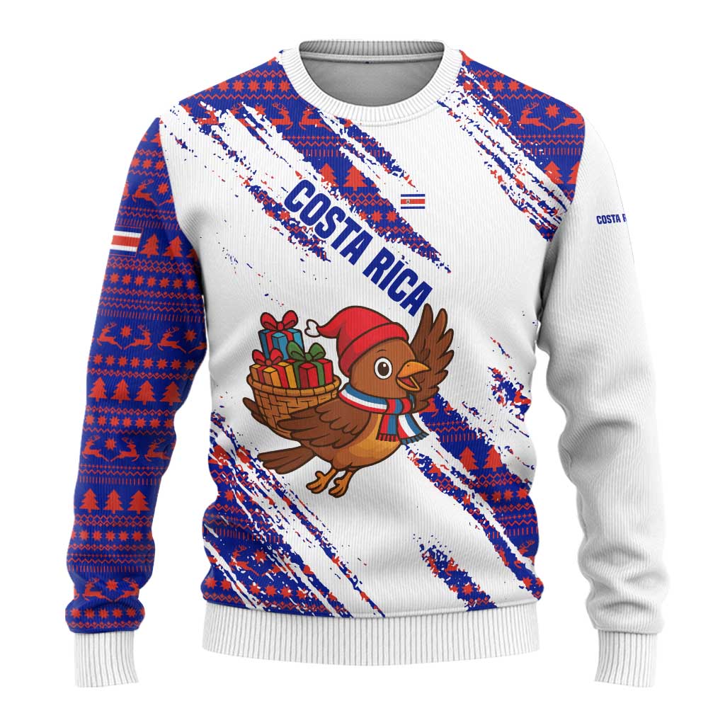 Costa Rica Christmas Ugly Christmas Sweater with Holiday Bird Gifts Red Blue Pattern and National Flag Design - Wonder Print Shop