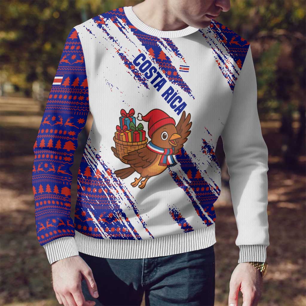Costa Rica Christmas Ugly Christmas Sweater with Holiday Bird Gifts Red Blue Pattern and National Flag Design - Wonder Print Shop