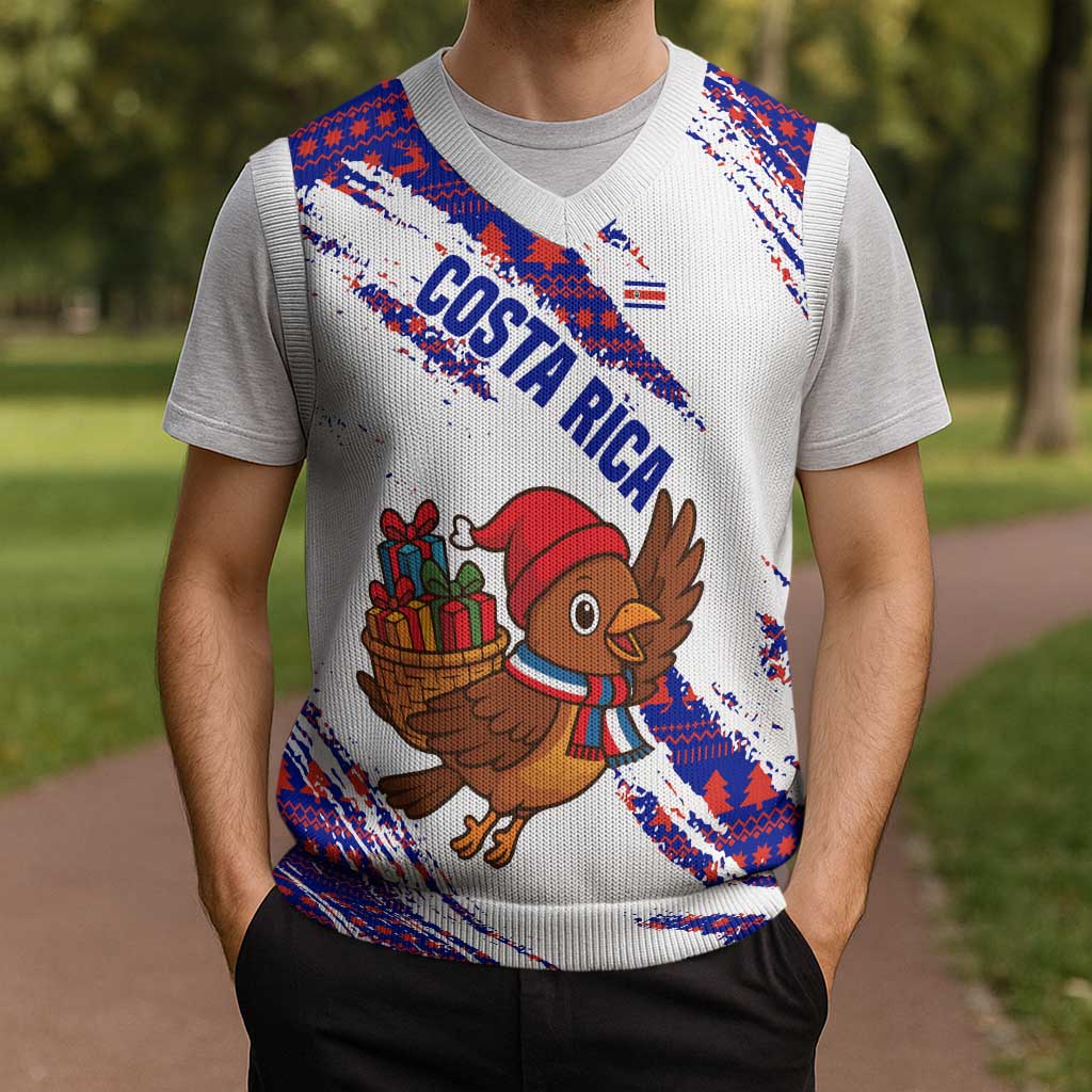 Costa Rica Christmas Knitted V-Neck Vest with Holiday Bird Gifts Red Blue Pattern and National Flag Design - Wonder Print Shop