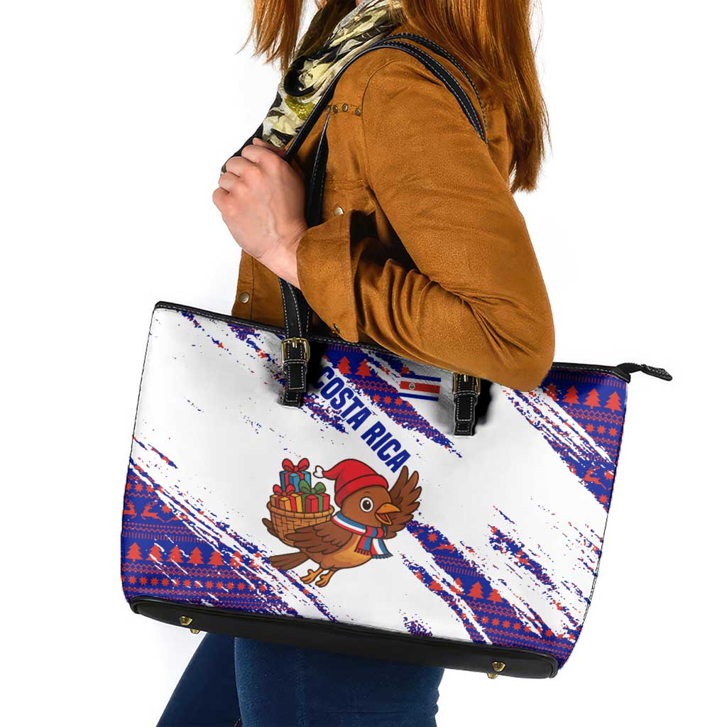 Costa Rica Christmas Leather Tote Bag with Holiday Bird Gifts Red Blue Pattern and National Flag Design - Wonder Print Shop