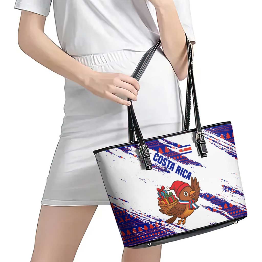Costa Rica Christmas Leather Tote Bag with Holiday Bird Gifts Red Blue Pattern and National Flag Design - Wonder Print Shop