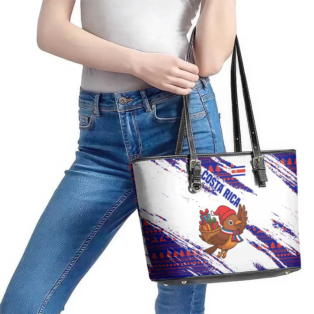 Costa Rica Christmas Leather Tote Bag with Holiday Bird Gifts Red Blue Pattern and National Flag Design - Wonder Print Shop