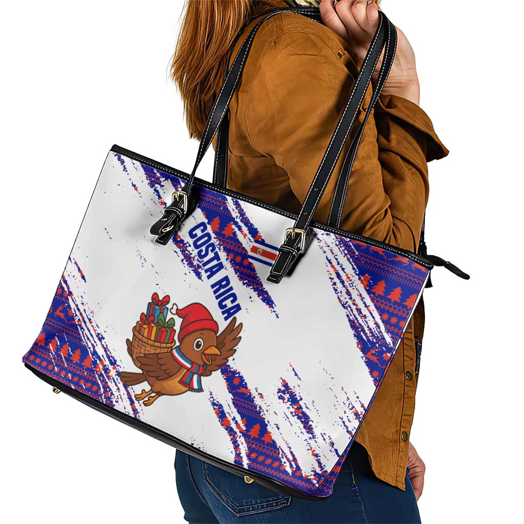 Costa Rica Christmas Leather Tote Bag with Holiday Bird Gifts Red Blue Pattern and National Flag Design - Wonder Print Shop