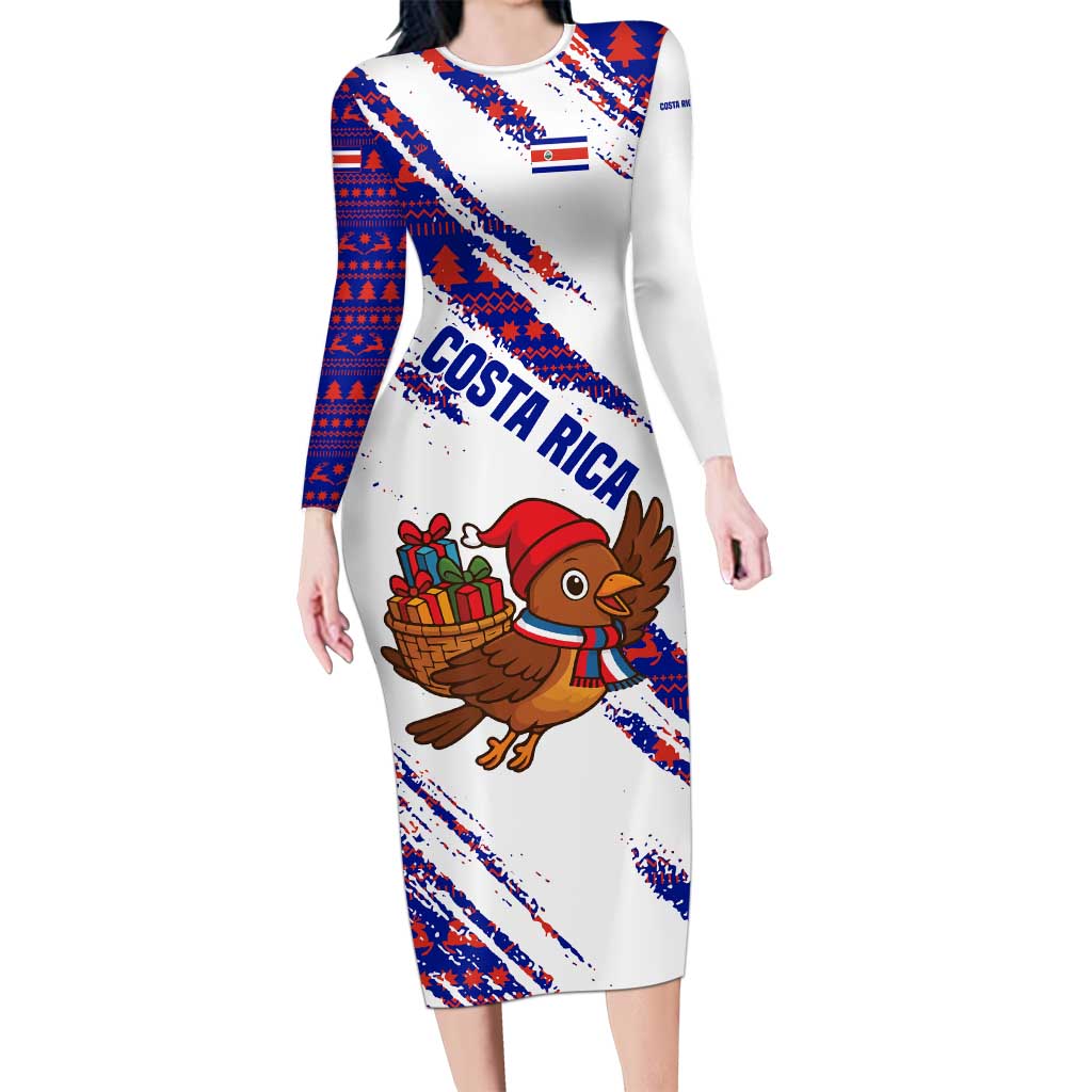 Costa Rica Christmas Long Sleeve Bodycon Dress with Holiday Bird Gifts Red Blue Pattern and National Flag Design - Wonder Print Shop