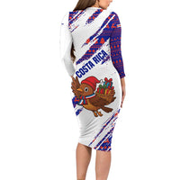 Costa Rica Christmas Long Sleeve Bodycon Dress with Holiday Bird Gifts Red Blue Pattern and National Flag Design - Wonder Print Shop