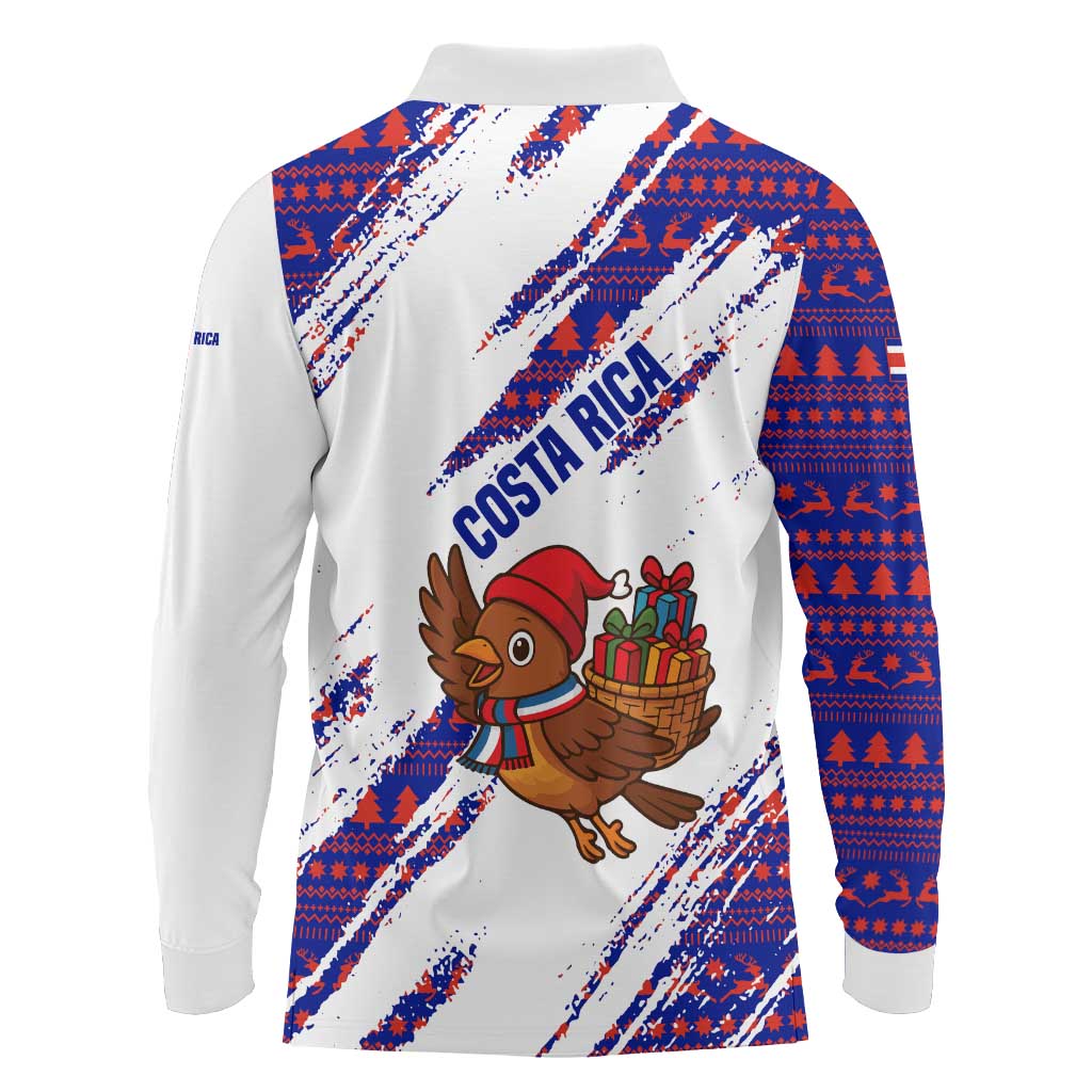 Costa Rica Christmas Long Sleeve Polo Shirt with Holiday Bird Gifts Red Blue Pattern and National Flag Design - Wonder Print Shop