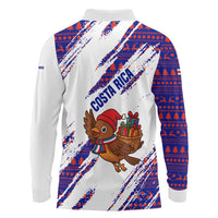 Costa Rica Christmas Long Sleeve Polo Shirt with Holiday Bird Gifts Red Blue Pattern and National Flag Design - Wonder Print Shop