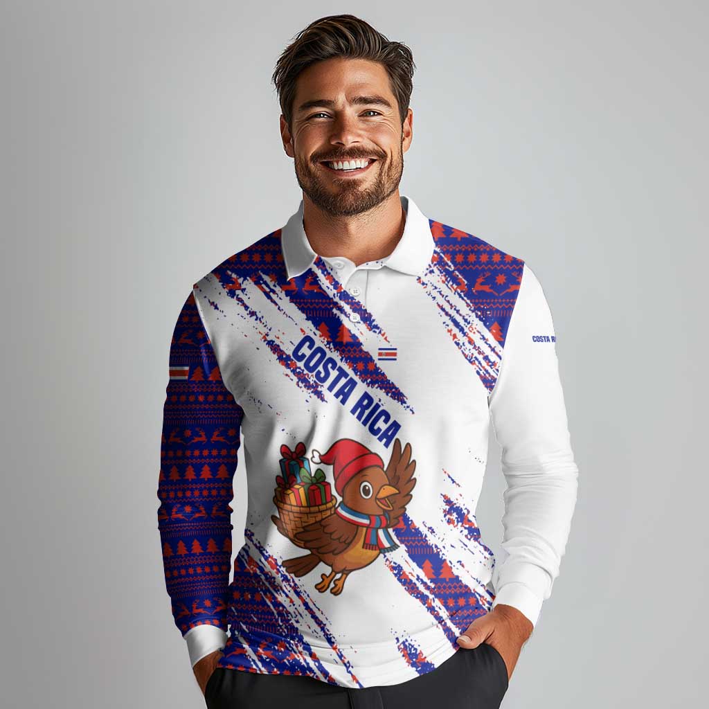 Costa Rica Christmas Long Sleeve Polo Shirt with Holiday Bird Gifts Red Blue Pattern and National Flag Design - Wonder Print Shop