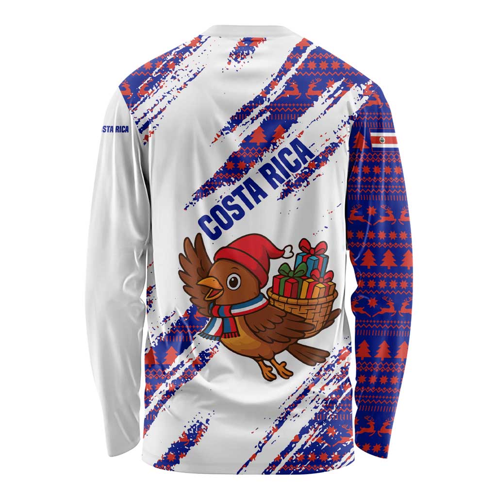 Costa Rica Christmas Long Sleeve Shirt with Holiday Bird Gifts Red Blue Pattern and National Flag Design - Wonder Print Shop