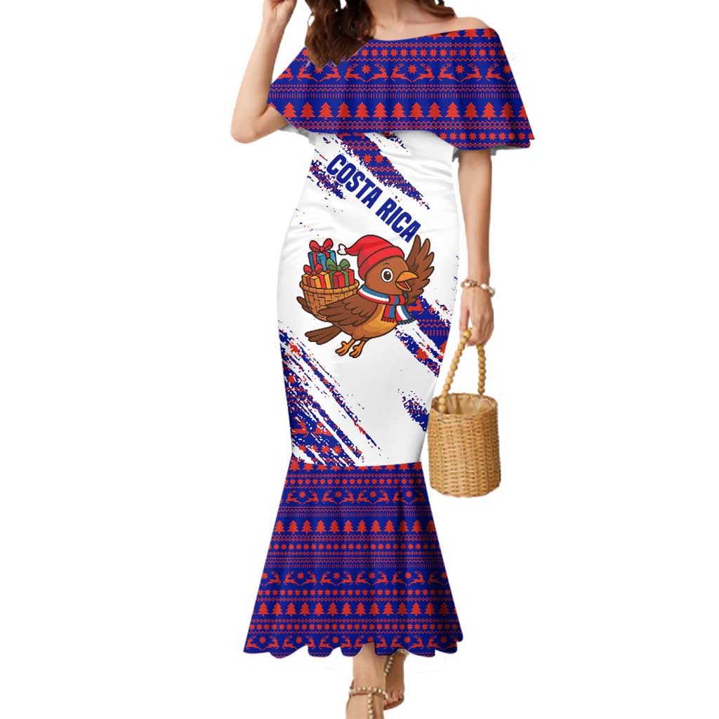 Costa Rica Christmas Mermaid Dress with Holiday Bird Gifts Red Blue Pattern and National Flag Design - Wonder Print Shop