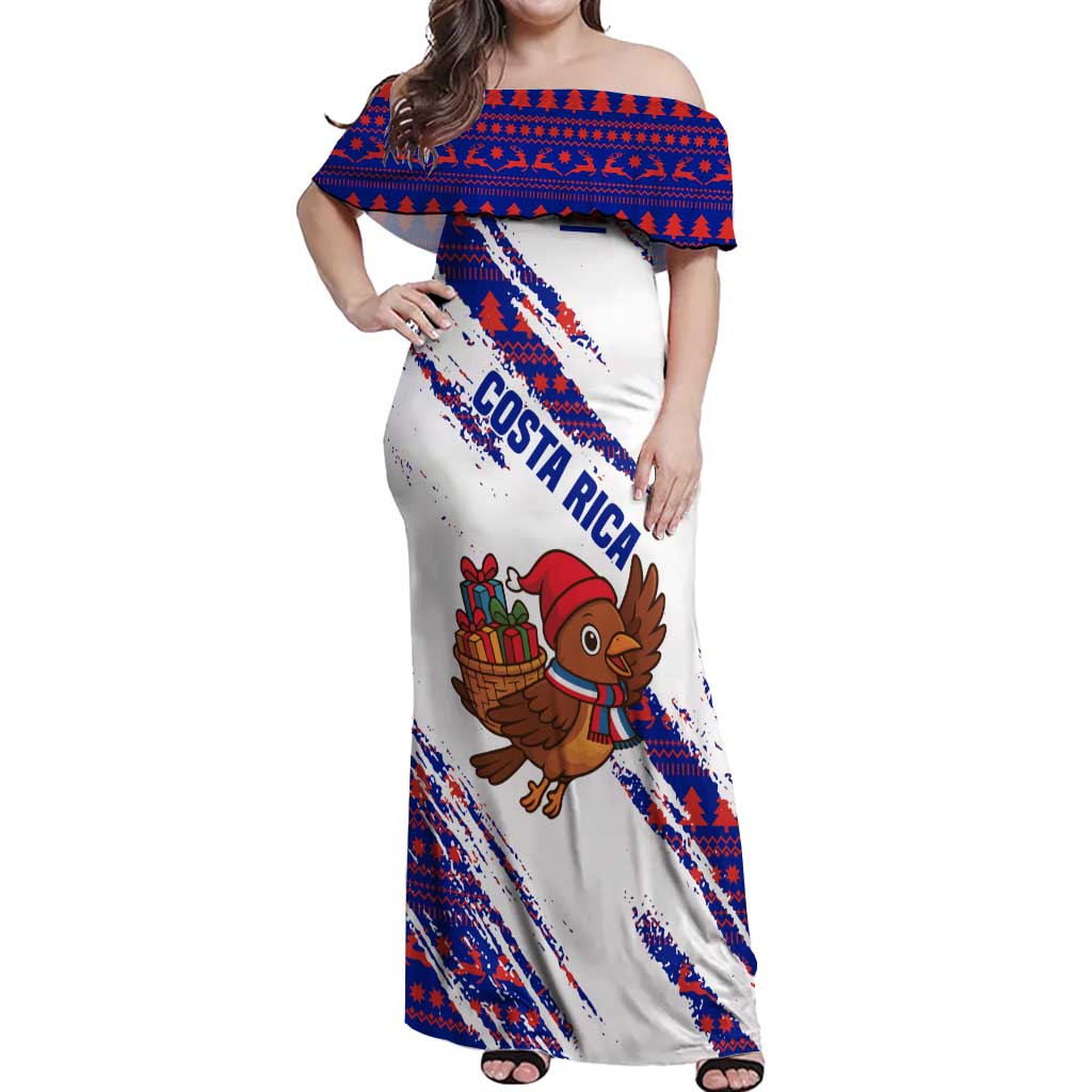 Costa Rica Christmas Off Shoulder Maxi Dress with Holiday Bird Gifts Red Blue Pattern and National Flag Design - Wonder Print Shop