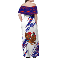 Costa Rica Christmas Off Shoulder Maxi Dress with Holiday Bird Gifts Red Blue Pattern and National Flag Design - Wonder Print Shop