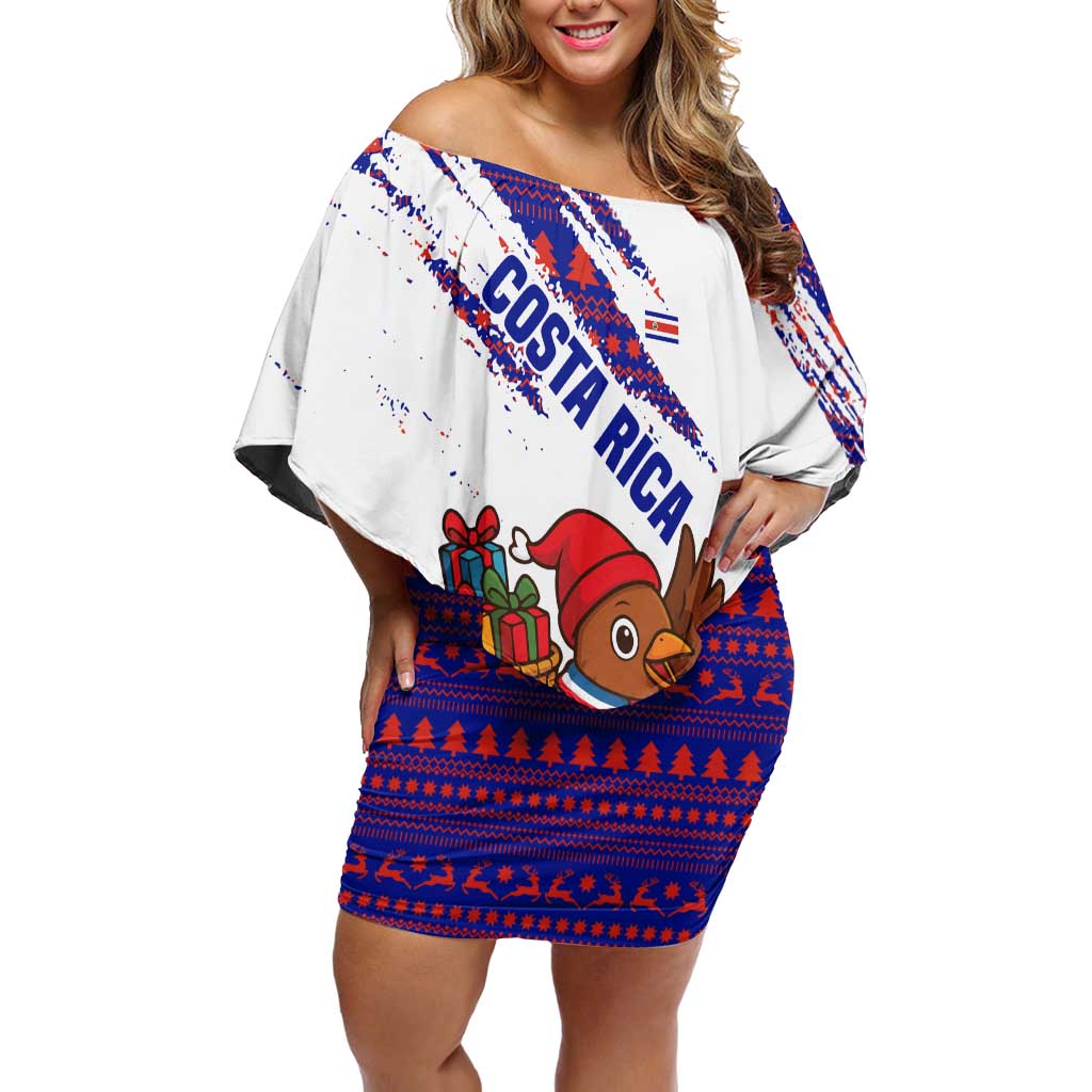 Costa Rica Christmas Off Shoulder Short Dress with Holiday Bird Gifts Red Blue Pattern and National Flag Design - Wonder Print Shop