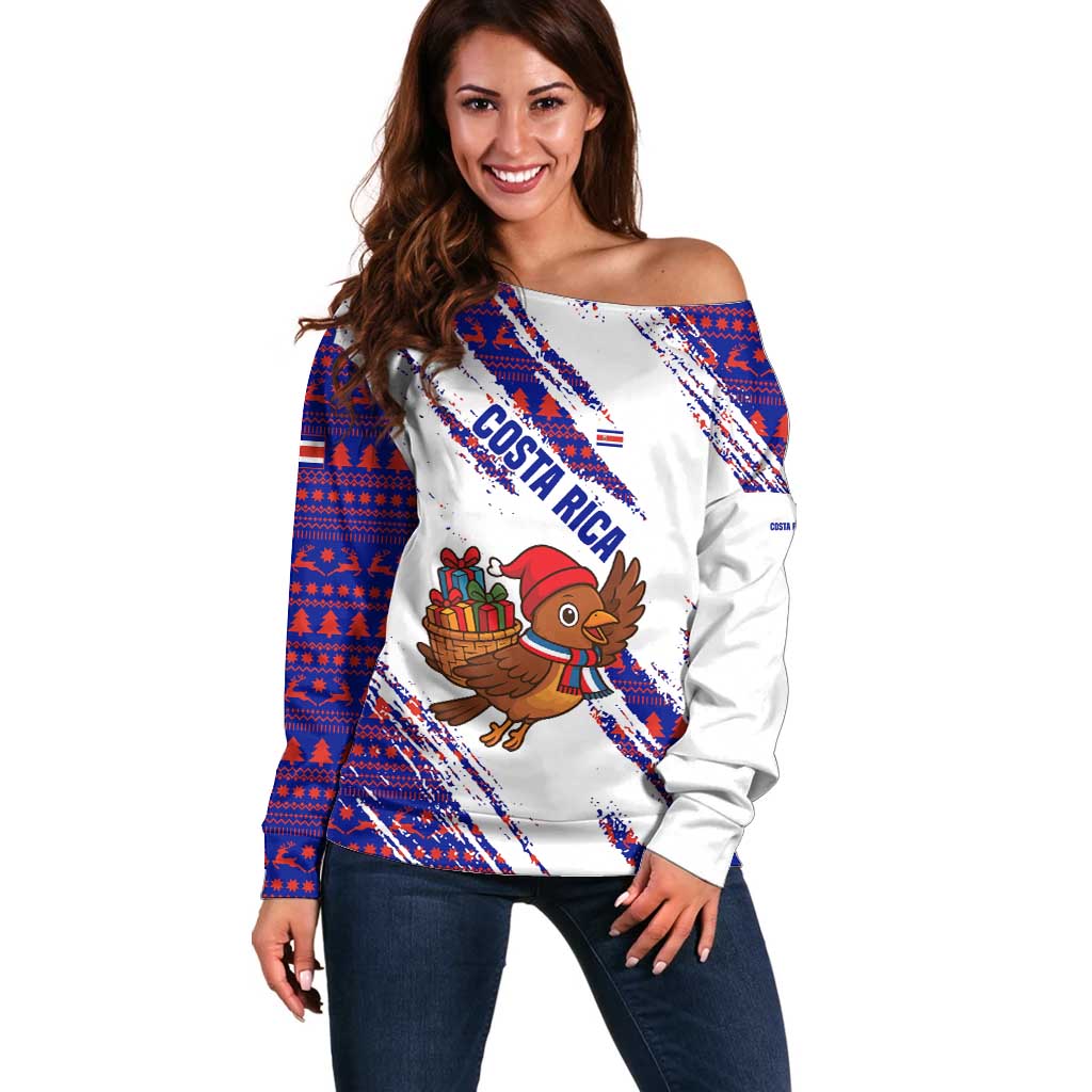 Costa Rica Christmas Off Shoulder Sweater with Holiday Bird Gifts Red Blue Pattern and National Flag Design - Wonder Print Shop
