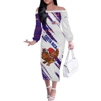 Costa Rica Christmas Off The Shoulder Long Sleeve Dress with Holiday Bird Gifts Red Blue Pattern and National Flag Design - Wonder Print Shop