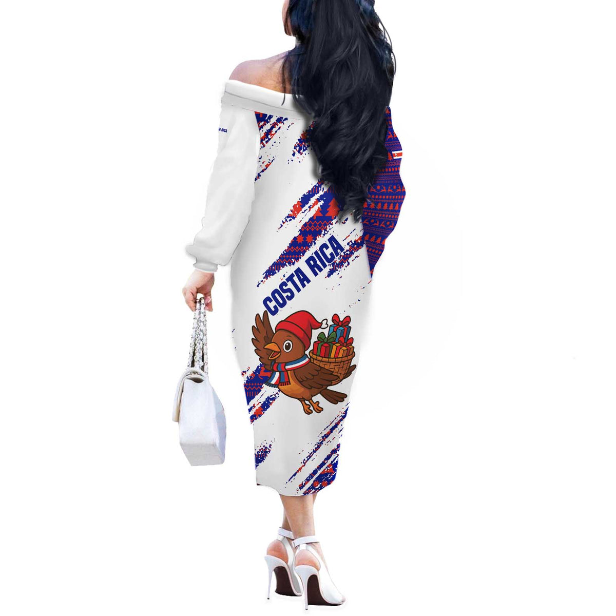 Costa Rica Christmas Off The Shoulder Long Sleeve Dress with Holiday Bird Gifts Red Blue Pattern and National Flag Design - Wonder Print Shop