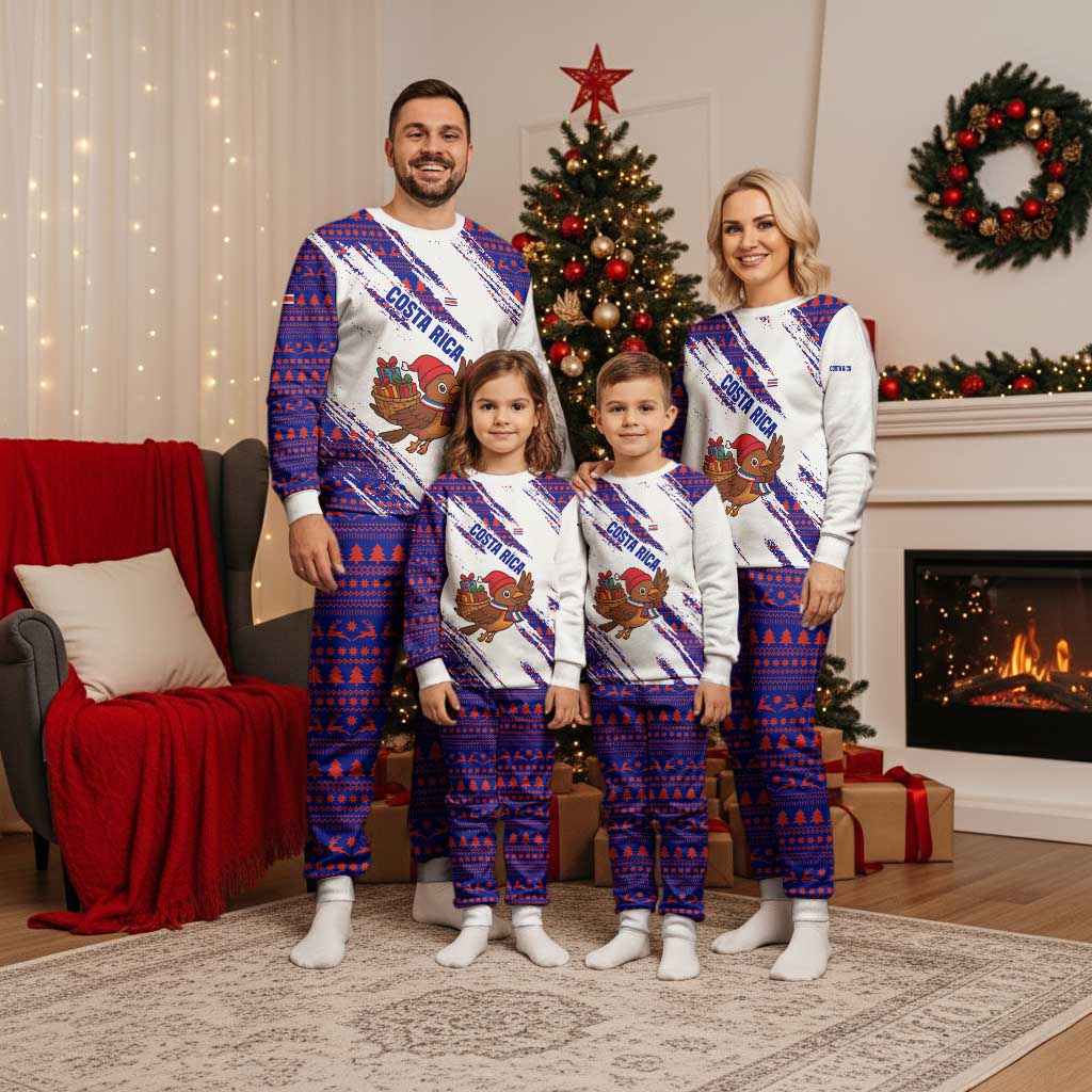 Costa Rica Christmas Pajama Set with Holiday Bird Gifts Red Blue Pattern and National Flag Design - Wonder Print Shop
