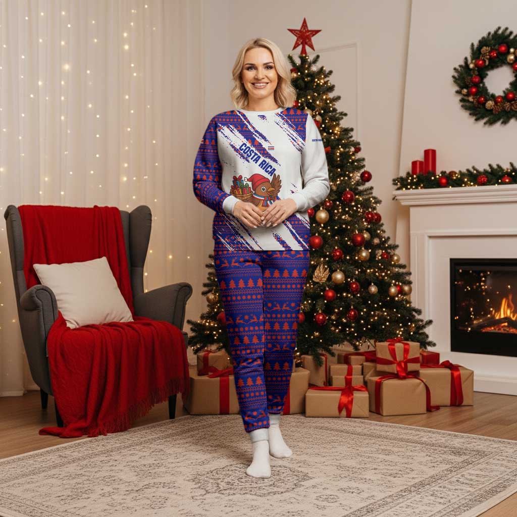 Costa Rica Christmas Pajama Set with Holiday Bird Gifts Red Blue Pattern and National Flag Design - Wonder Print Shop