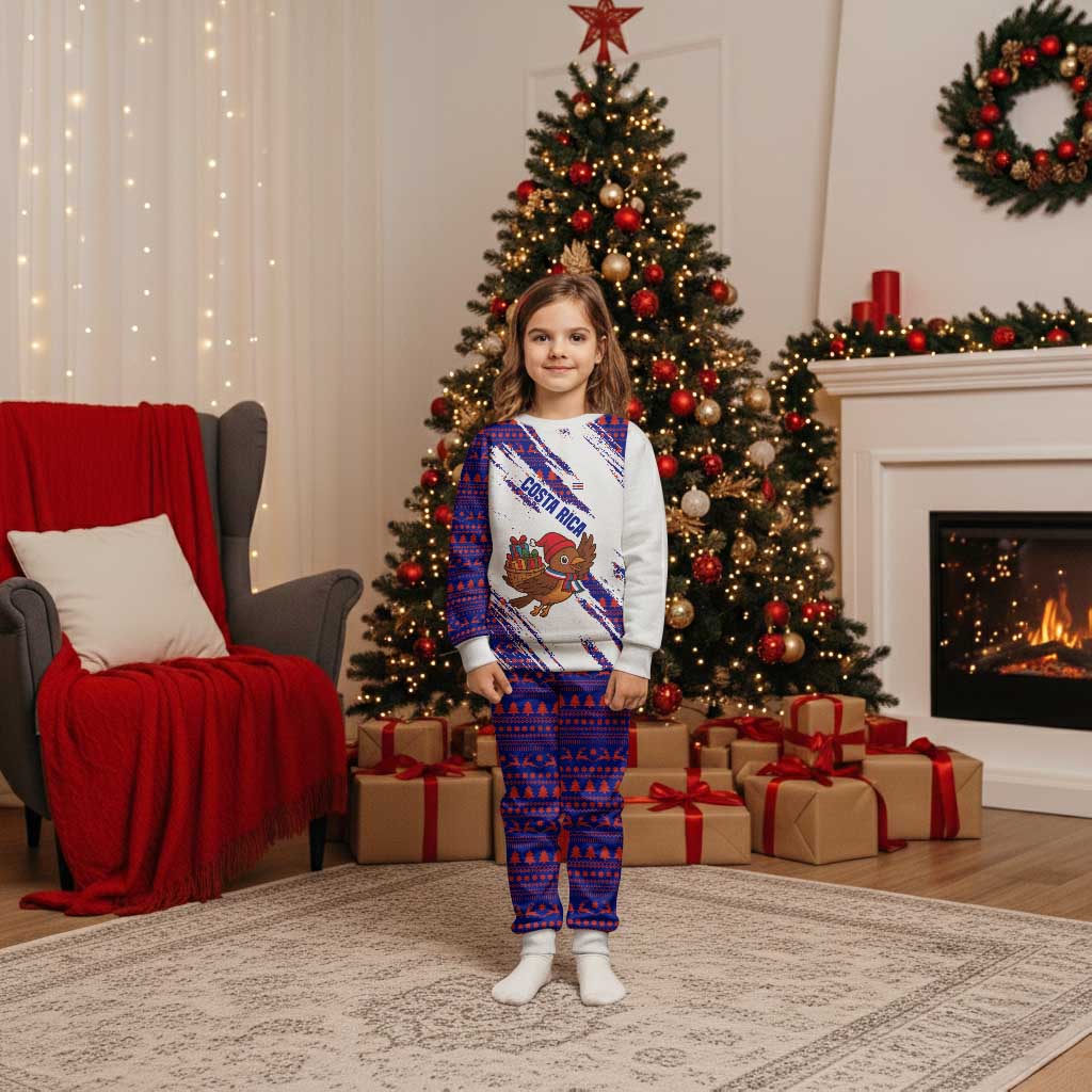 Costa Rica Christmas Pajama Set with Holiday Bird Gifts Red Blue Pattern and National Flag Design - Wonder Print Shop