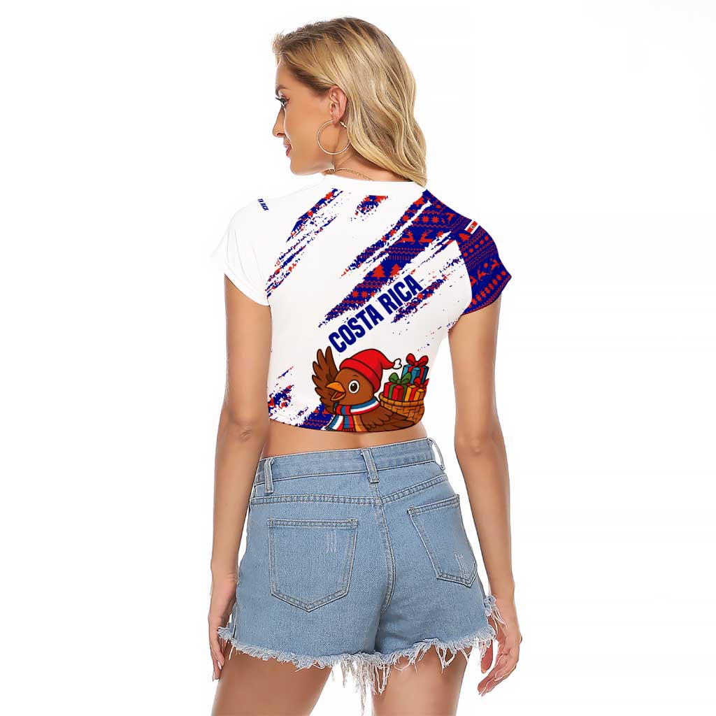Costa Rica Christmas Raglan Cropped T Shirt with Holiday Bird Gifts Red Blue Pattern and National Flag Design - Wonder Print Shop