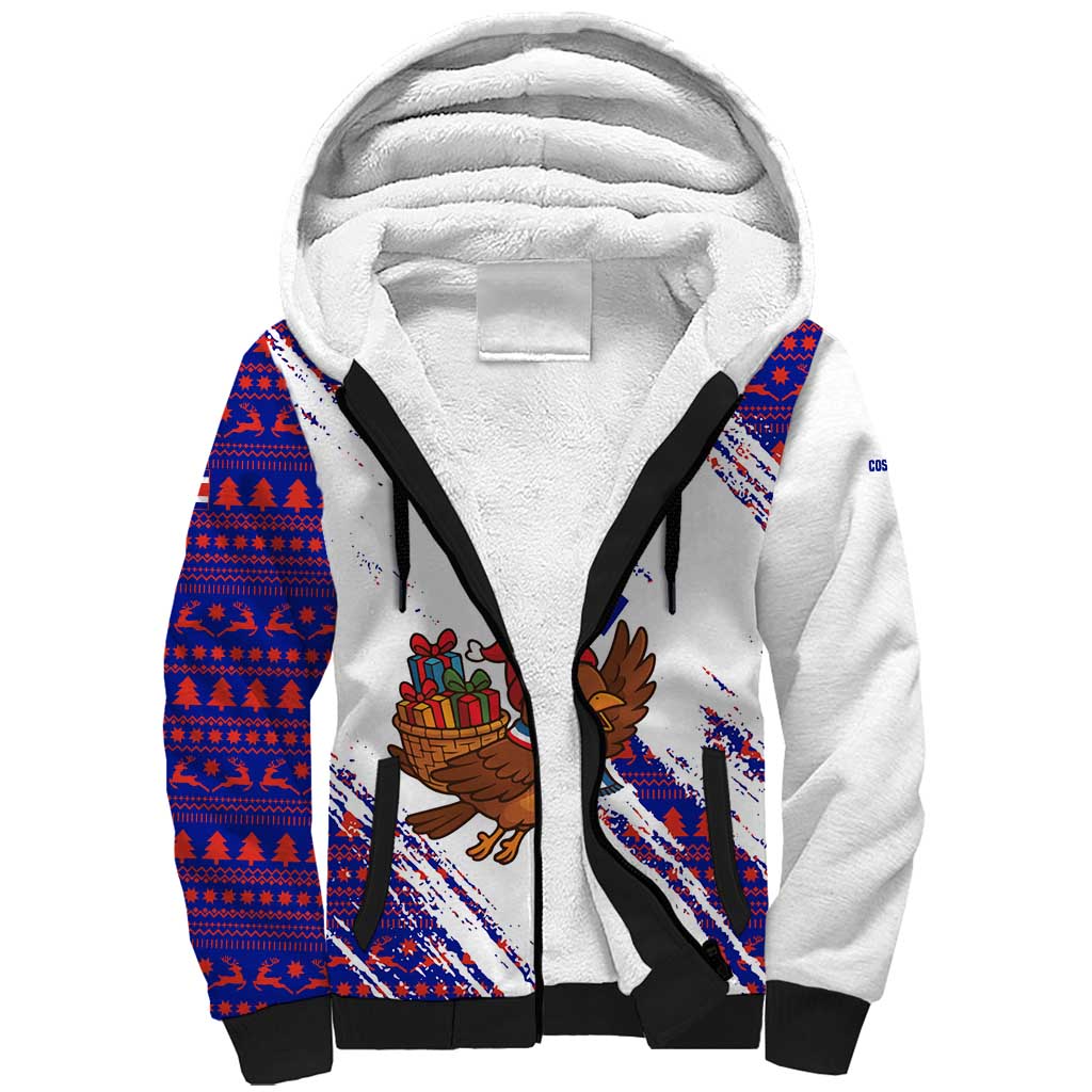 Costa Rica Christmas Sherpa Hoodie with Holiday Bird Gifts Red Blue Pattern and National Flag Design - Wonder Print Shop