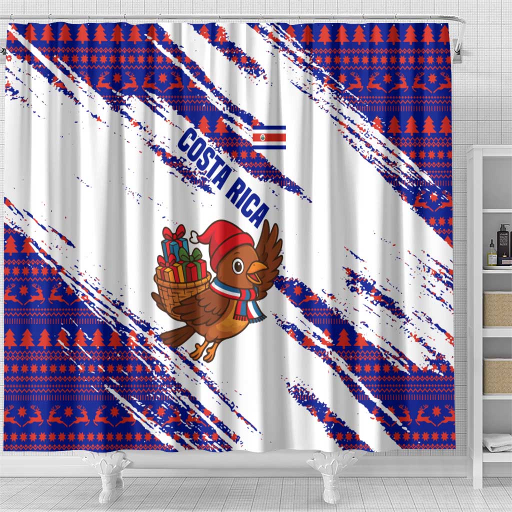 Costa Rica Christmas Shower Curtain with Holiday Bird Gifts Red Blue Pattern and National Flag Design - Wonder Print Shop
