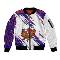 Costa Rica Christmas Sleeve Zip Bomber Jacket with Holiday Bird Gifts Red Blue Pattern and National Flag Design - Wonder Print Shop