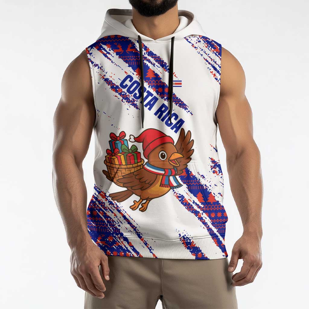 Costa Rica Christmas Sleeveless Hoodie with Holiday Bird Gifts Red Blue Pattern and National Flag Design - Wonder Print Shop