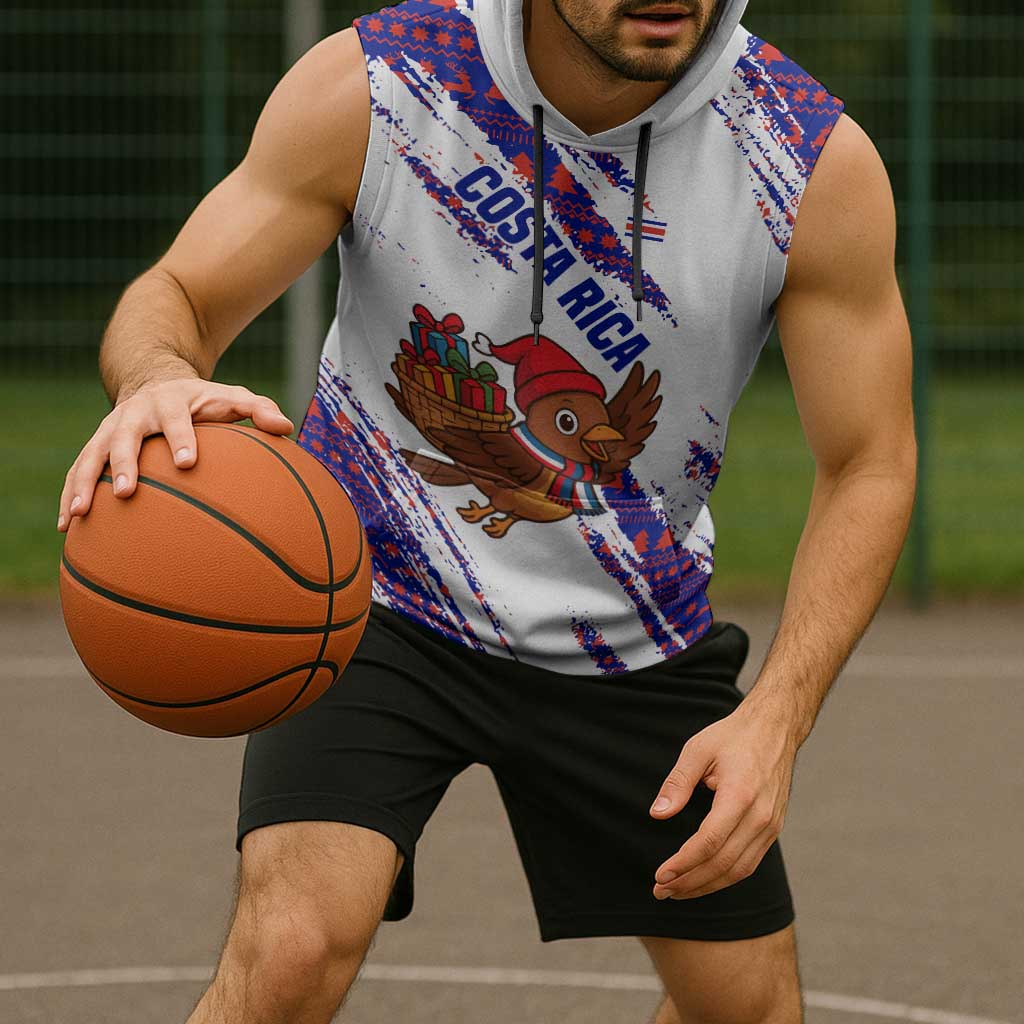 Costa Rica Christmas Sleeveless Hoodie with Holiday Bird Gifts Red Blue Pattern and National Flag Design - Wonder Print Shop