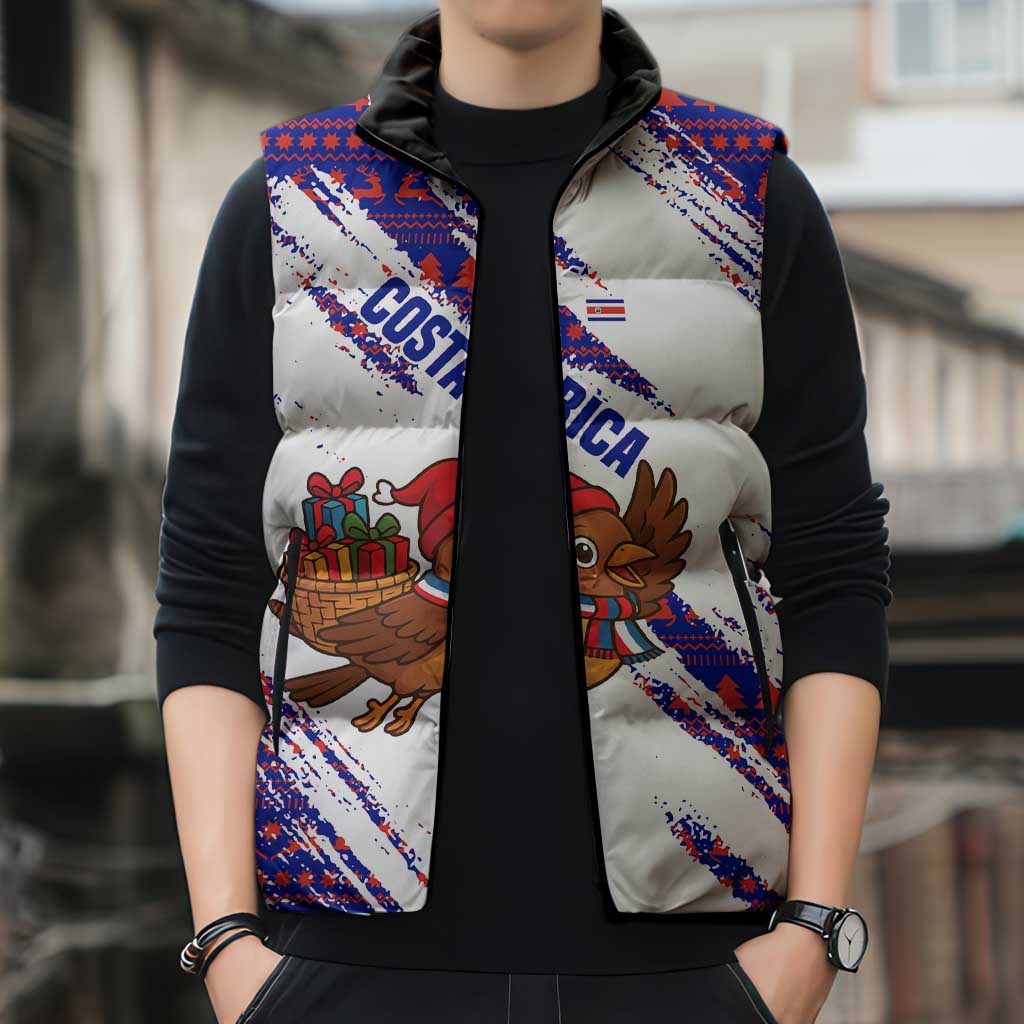 Costa Rica Christmas Sleeveless Puffer Jacket with Holiday Bird Gifts Red Blue Pattern and National Flag Design - Wonder Print Shop
