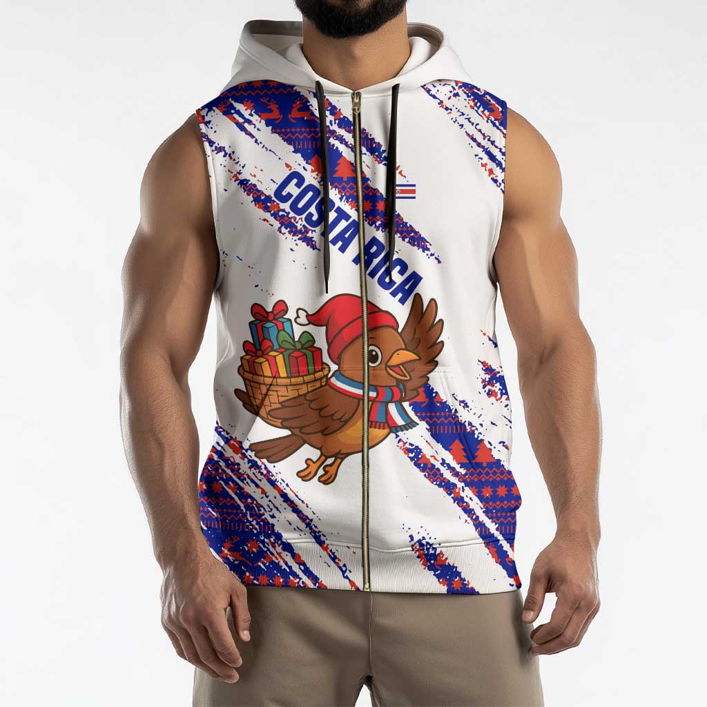 Costa Rica Christmas Sleeveless Zip Hoodie with Holiday Bird Gifts Red Blue Pattern and National Flag Design - Wonder Print Shop
