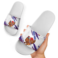Costa Rica Christmas Slide Sandals with Holiday Bird Gifts Red Blue Pattern and National Flag Design - Wonder Print Shop