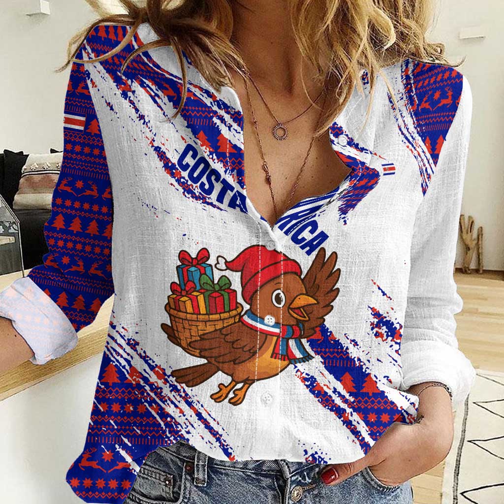 Costa Rica Christmas Women Casual Shirt with Holiday Bird Gifts Red Blue Pattern and National Flag Design - Wonder Print Shop