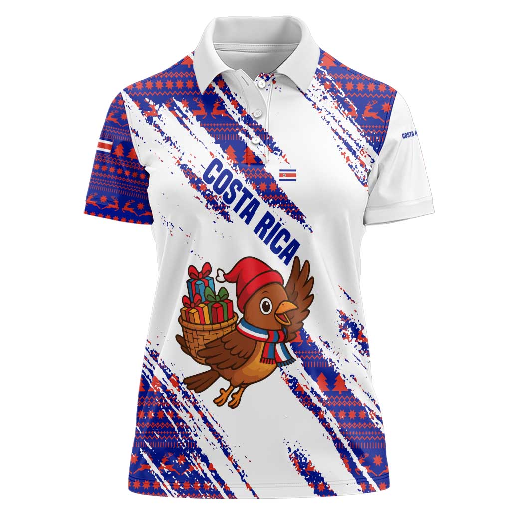 Costa Rica Christmas Women Polo Shirt with Holiday Bird Gifts Red Blue Pattern and National Flag Design - Wonder Print Shop