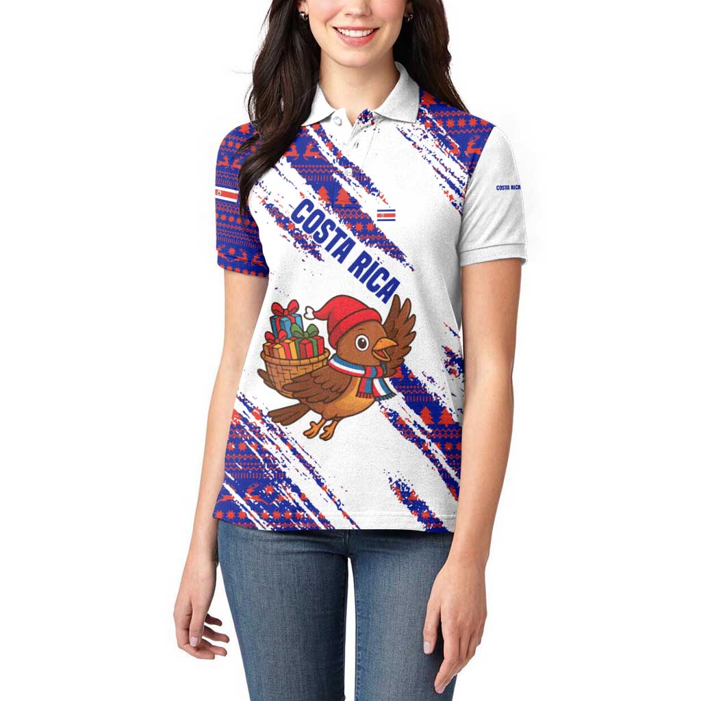 Costa Rica Christmas Women Polo Shirt with Holiday Bird Gifts Red Blue Pattern and National Flag Design - Wonder Print Shop