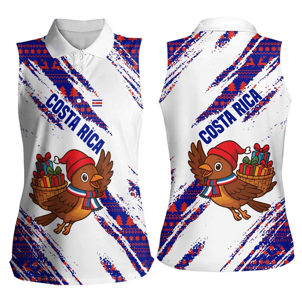 Costa Rica Christmas Women Sleeveless Polo Shirt with Holiday Bird Gifts Red Blue Pattern and National Flag Design - Wonder Print Shop