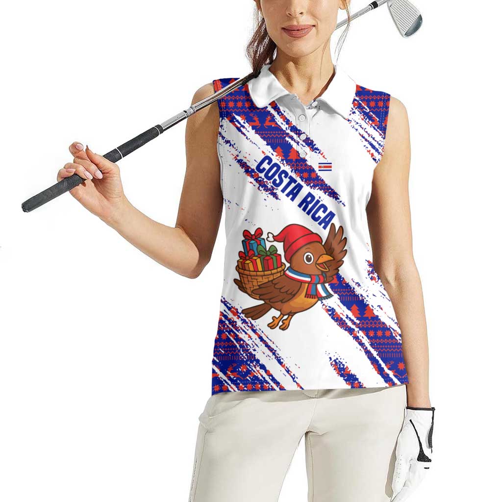 Costa Rica Christmas Women Sleeveless Polo Shirt with Holiday Bird Gifts Red Blue Pattern and National Flag Design - Wonder Print Shop
