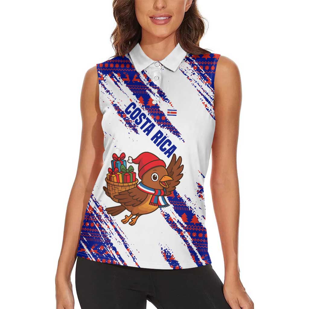 Costa Rica Christmas Women Sleeveless Polo Shirt with Holiday Bird Gifts Red Blue Pattern and National Flag Design - Wonder Print Shop
