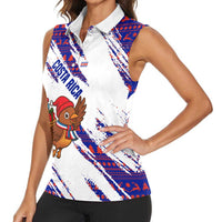 Costa Rica Christmas Women Sleeveless Polo Shirt with Holiday Bird Gifts Red Blue Pattern and National Flag Design - Wonder Print Shop