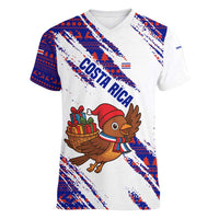 Costa Rica Christmas Women V-Neck T-Shirt with Holiday Bird Gifts Red Blue Pattern and National Flag Design - Wonder Print Shop