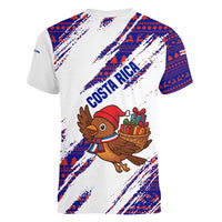Costa Rica Christmas Women V-Neck T-Shirt with Holiday Bird Gifts Red Blue Pattern and National Flag Design - Wonder Print Shop