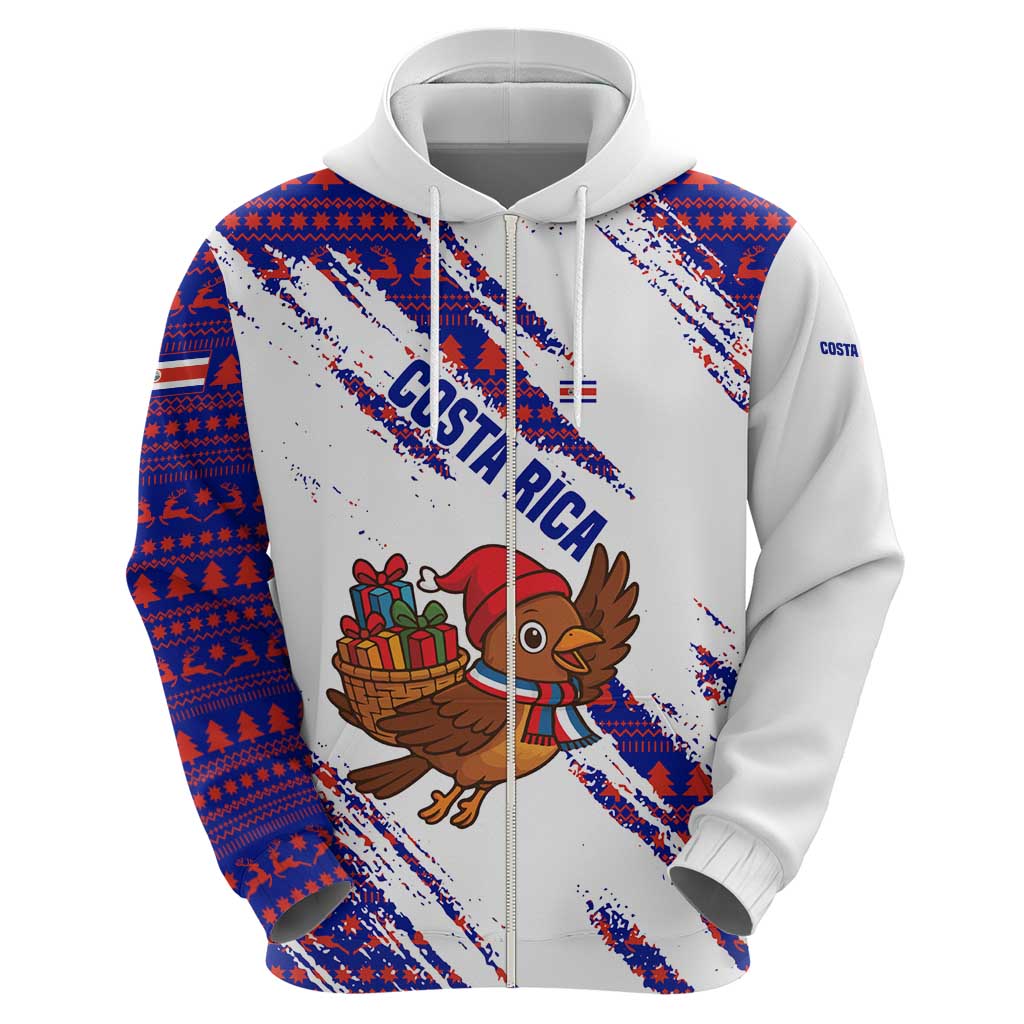 Costa Rica Christmas Zip Hoodie with Holiday Bird Gifts Red Blue Pattern and National Flag Design - Wonder Print Shop