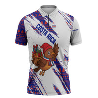 Costa Rica Christmas Zipper Polo Shirt with Holiday Bird Gifts Red Blue Pattern and National Flag Design - Wonder Print Shop