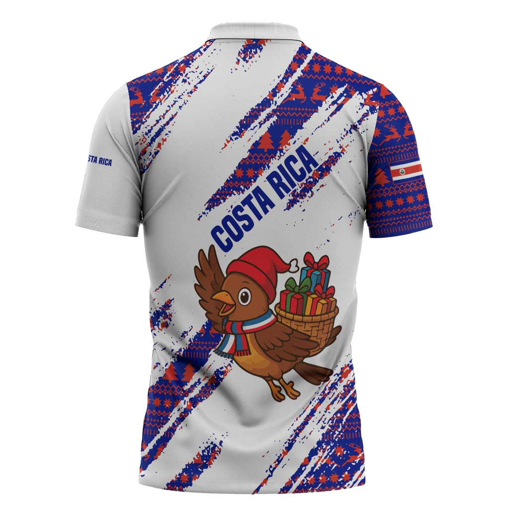 Costa Rica Christmas Zipper Polo Shirt with Holiday Bird Gifts Red Blue Pattern and National Flag Design - Wonder Print Shop