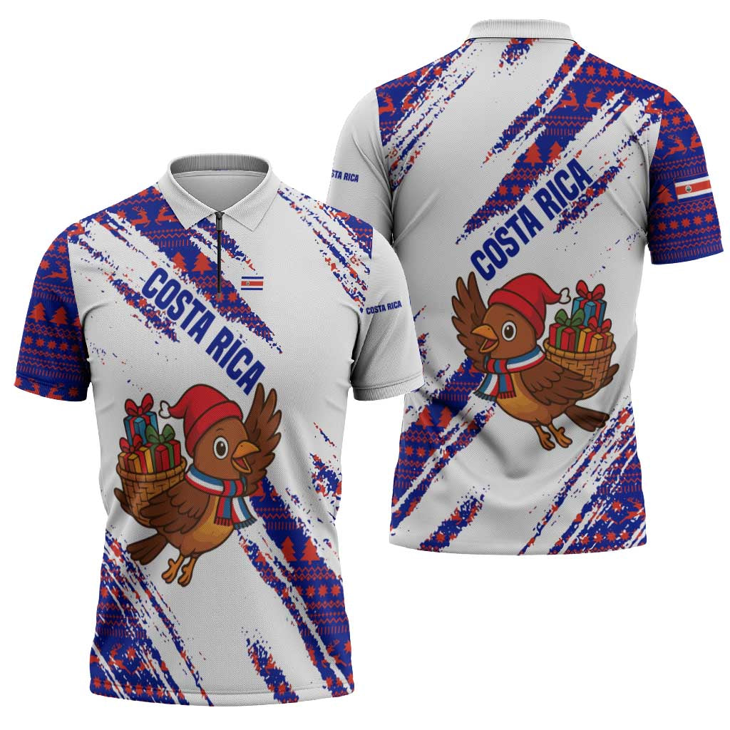 Costa Rica Christmas Zipper Polo Shirt with Holiday Bird Gifts Red Blue Pattern and National Flag Design - Wonder Print Shop