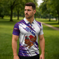 Costa Rica Christmas Zipper Polo Shirt with Holiday Bird Gifts Red Blue Pattern and National Flag Design - Wonder Print Shop