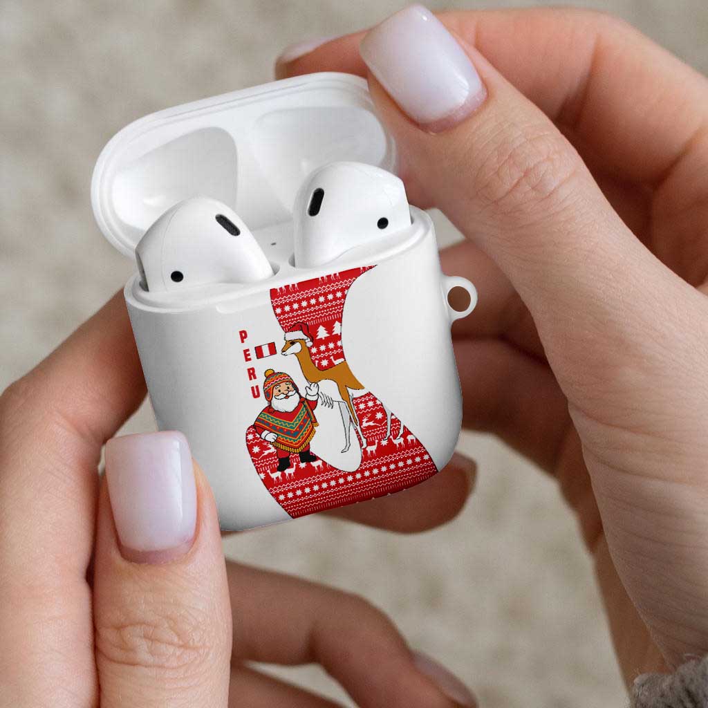 Peru Christmas AirPods Case with Santa Claus Vicuña Andean Poncho and Red Festive Pattern Design - Wonder Print Shop