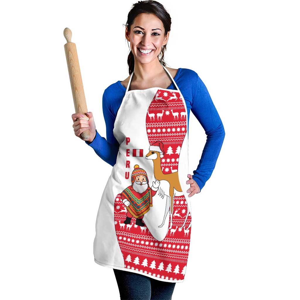 Peru Christmas Apron with Santa Claus Vicuña Andean Poncho and Red Festive Pattern Design - Wonder Print Shop