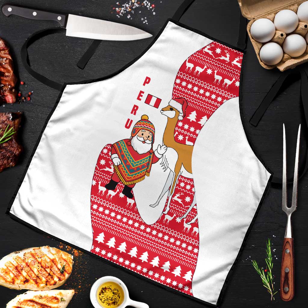 Peru Christmas Apron with Santa Claus Vicuña Andean Poncho and Red Festive Pattern Design - Wonder Print Shop