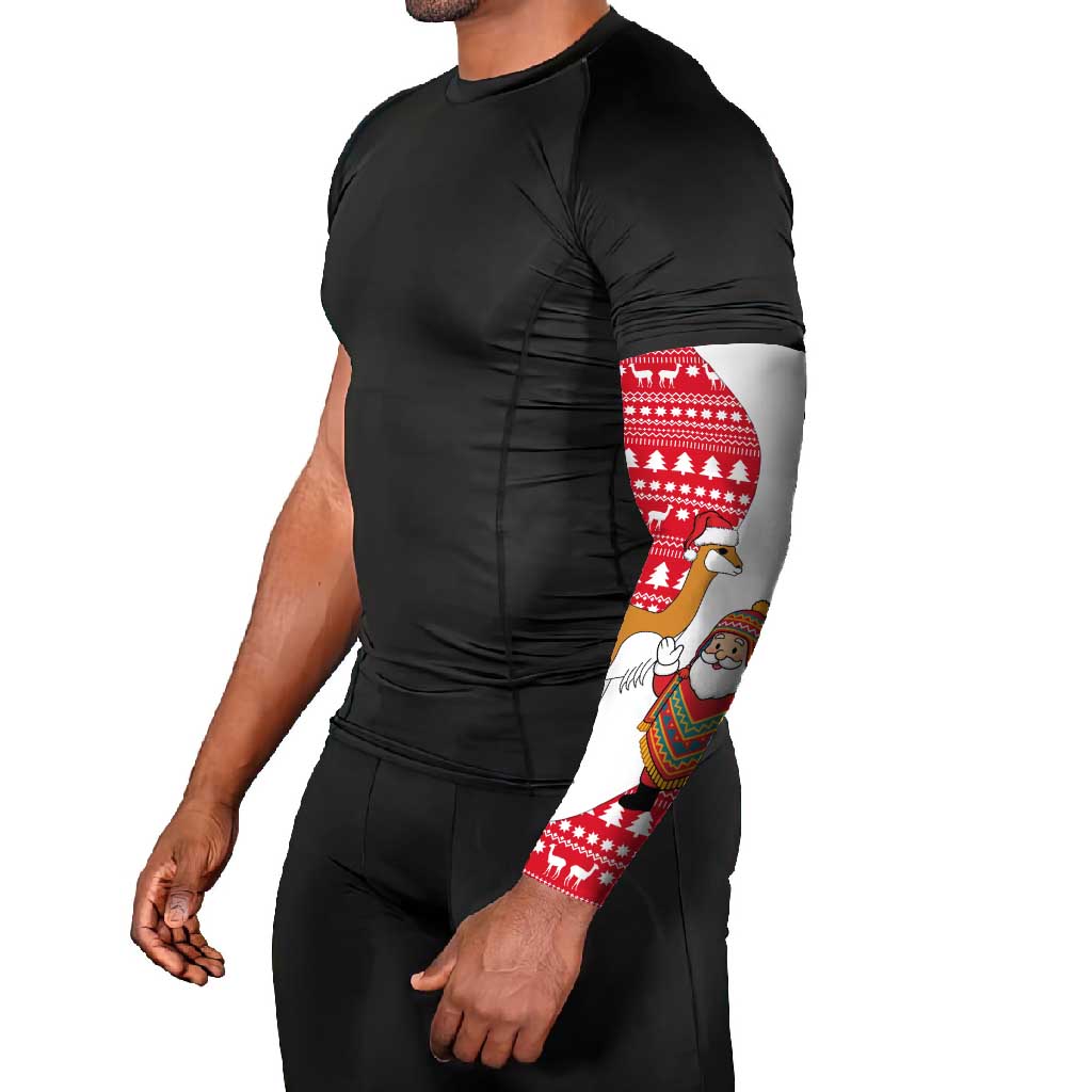 Peru Christmas Arm Sleeves with Santa Claus Vicuña Andean Poncho and Red Festive Pattern Design - Wonder Print Shop